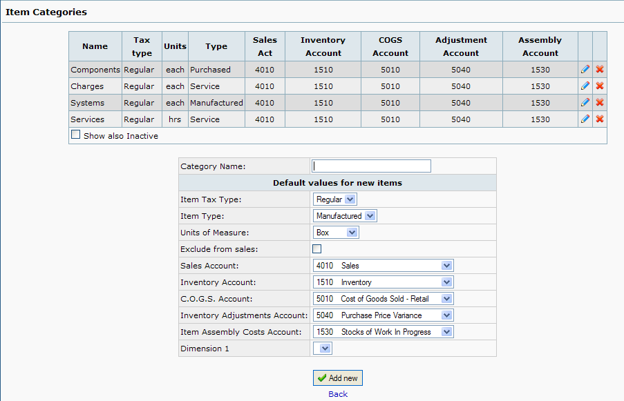 web accounting, item categories